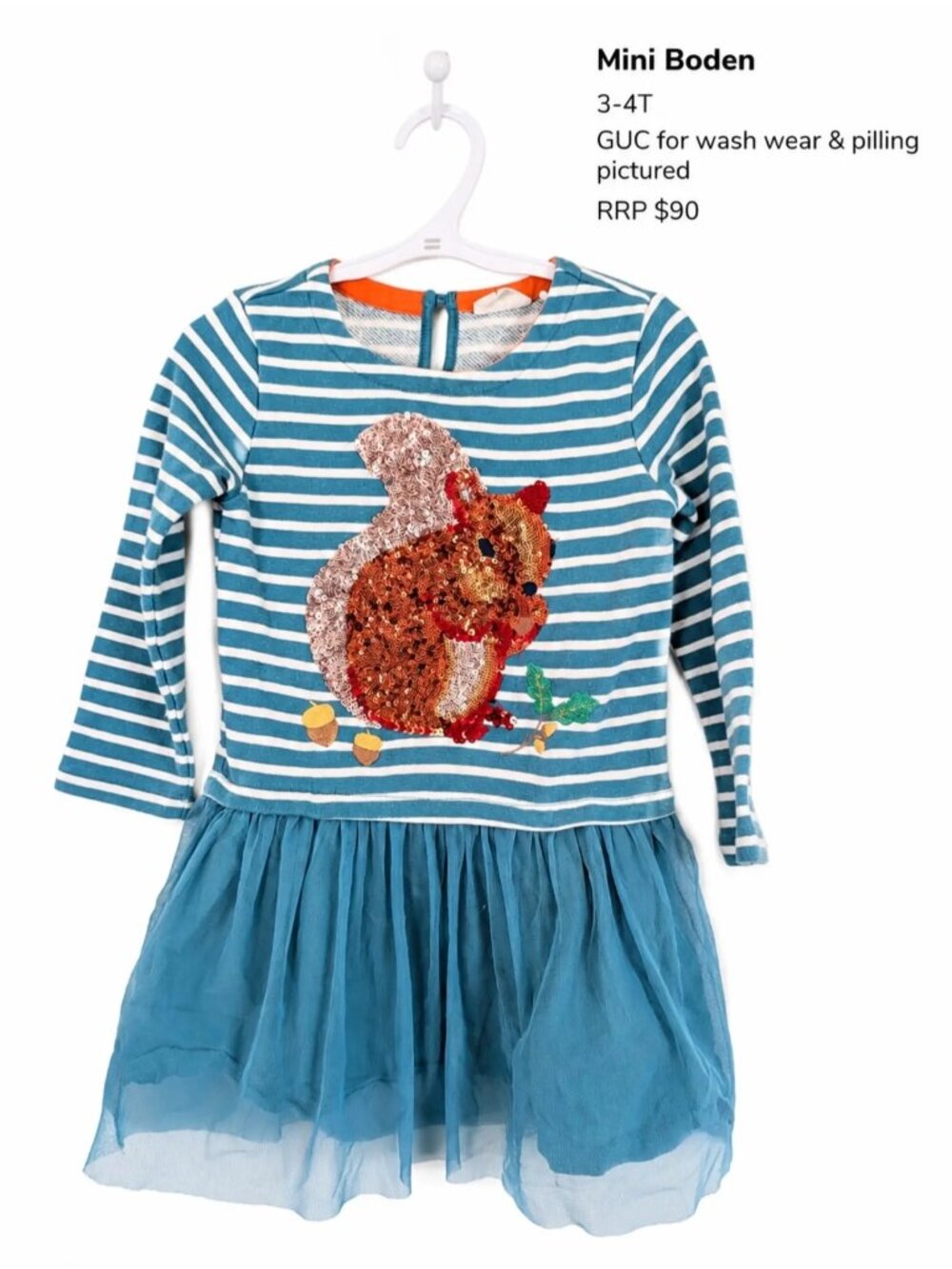 Mini Boden Sequin Squirrel Long Sleeve Turquoise Dress 3-4T Girls Dress